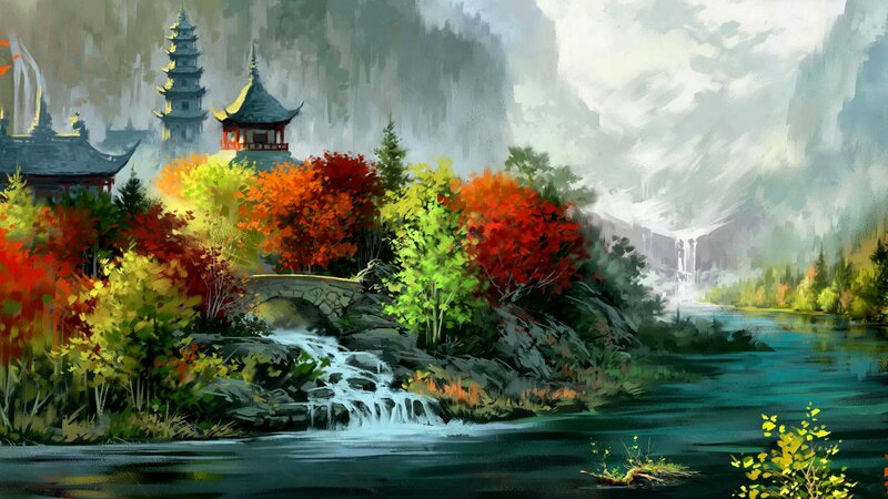Autumn Landscape with Temple — Red