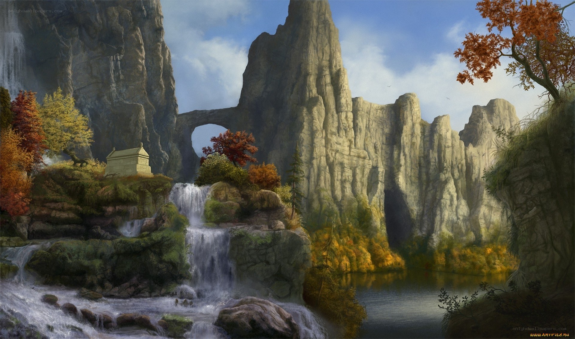 Autumn landscape with waterfall