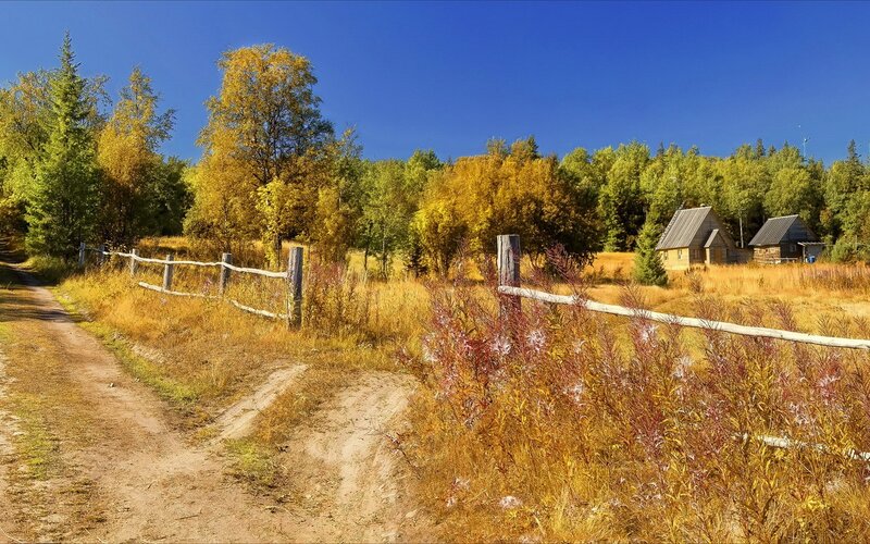 Autumn landscape with wooden cabins