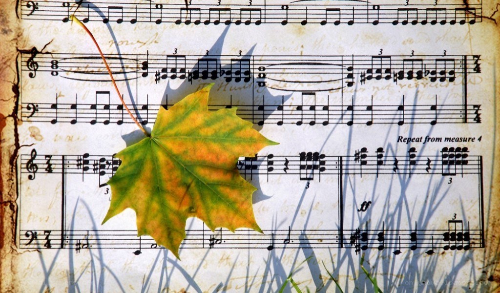 Autumn leaf on sheet music