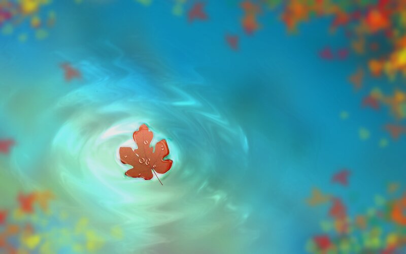 Autumn Leaf on Water — Blue, Serene, Digital Art, Ripples