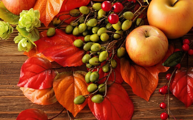 Autumn Leaves and Apples — Red, Festive