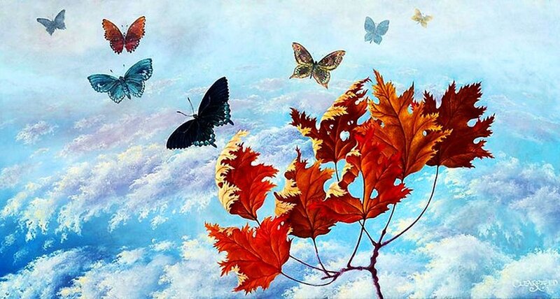 Autumn Leaves and Butterflies — Blue