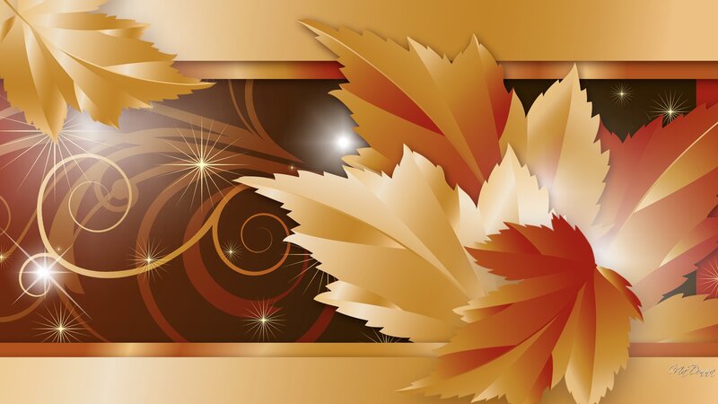 Autumn Leaves and Swirls — Gold, Festive, Digital Art