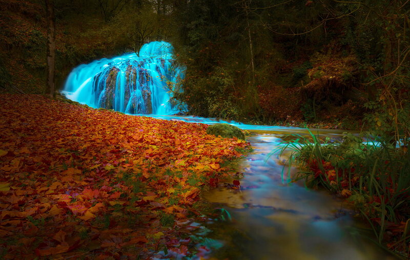 Autumn Leaves and Waterfall — Orange, Serene