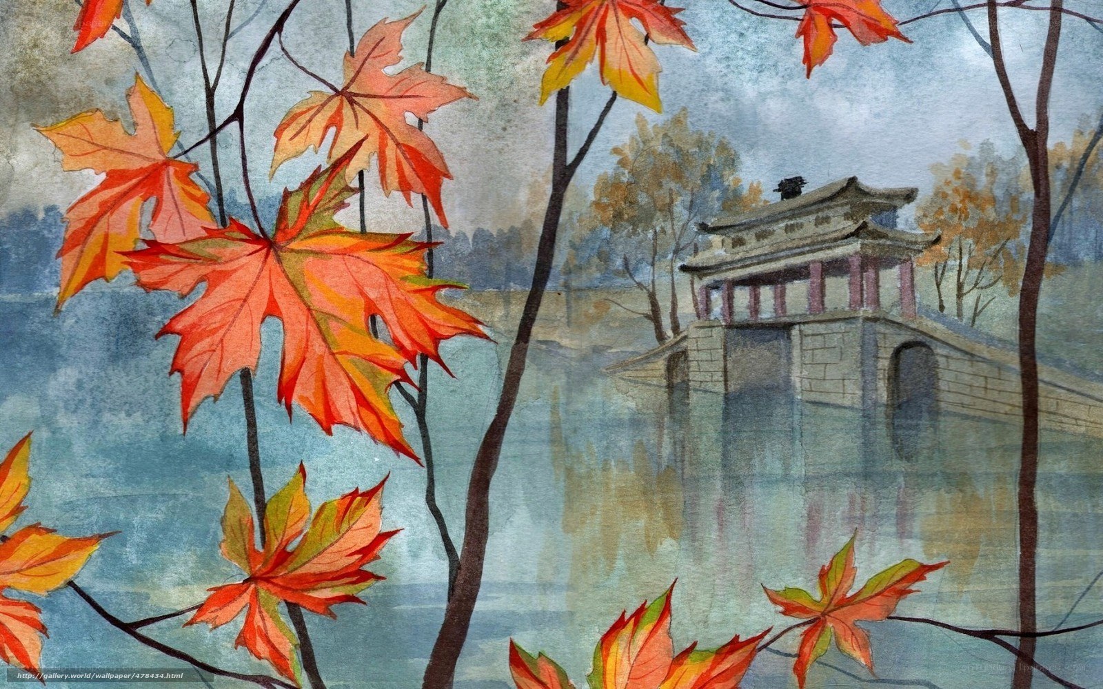 Autumn leaves by a stone bridge