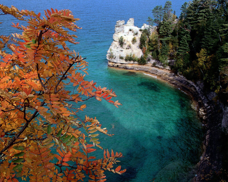Autumn Leaves by Lake — Orange, Serene, Photograph
