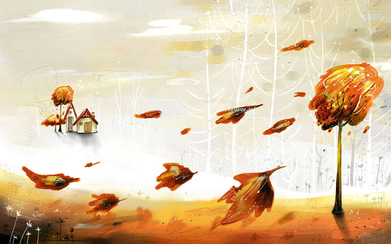 Autumn leaves flying over a house