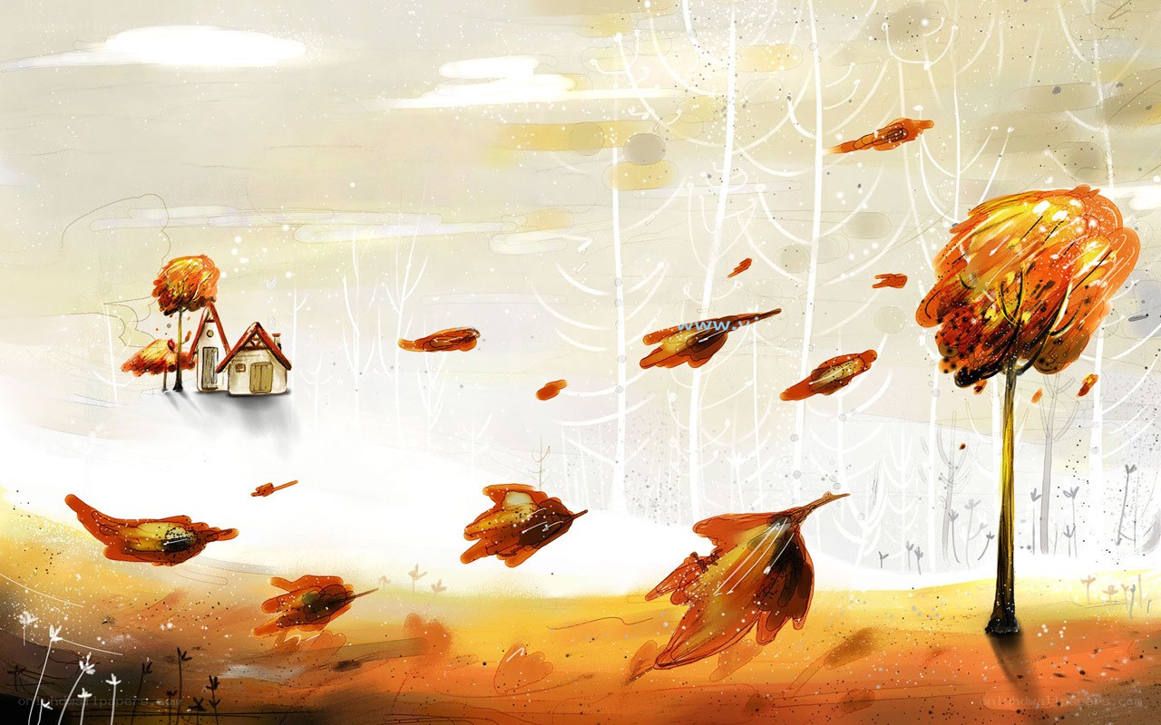 Autumn leaves flying over a house