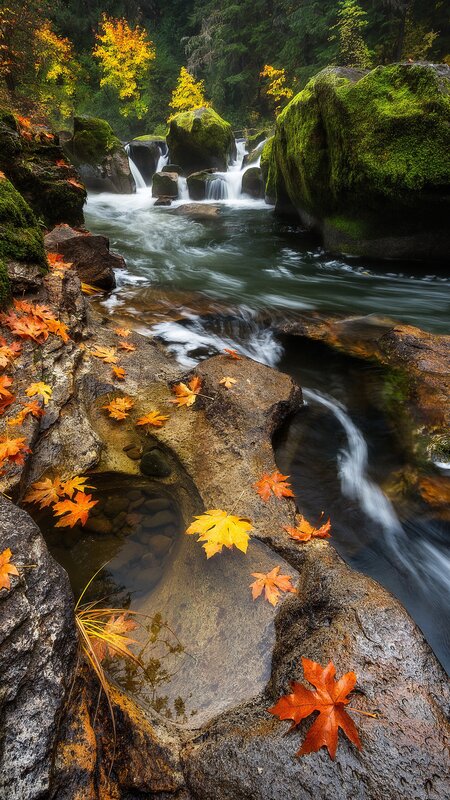 Autumn Leaves in Stream — Green, Serene, Photograph, Rocks