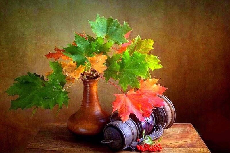 Autumn Leaves in Vase — Brown, Serene