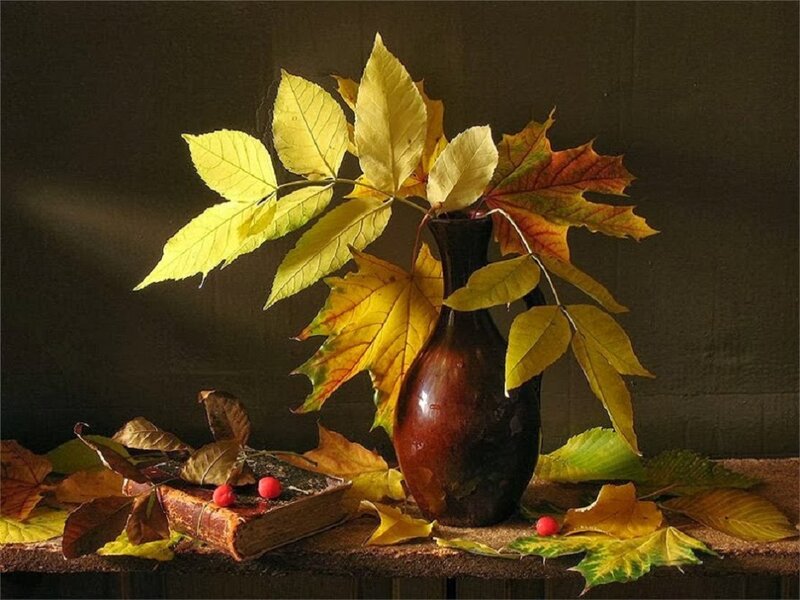 Autumn Leaves in Vase — Yellow, Dramatic, Photograph, Book
