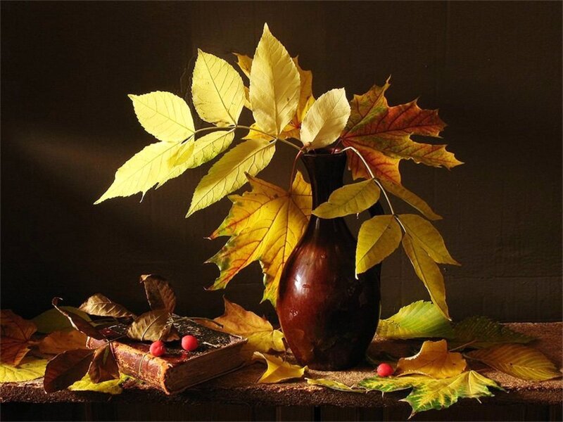 Autumn Leaves in Vase — Yellow, Dramatic, Photograph