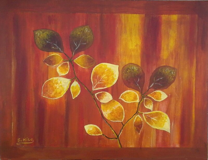 Autumn Leaves on Branch — Red, Warm
