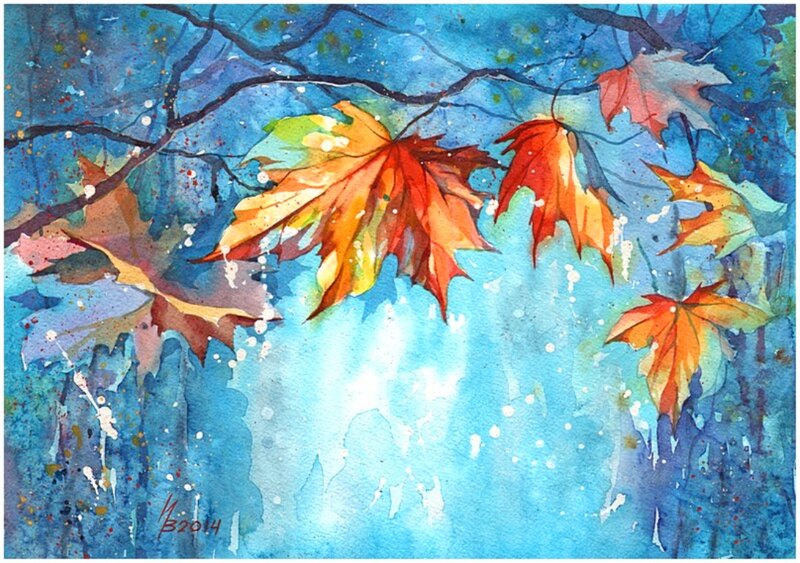 Autumn Leaves on Branches — Blue, Serene, Painting
