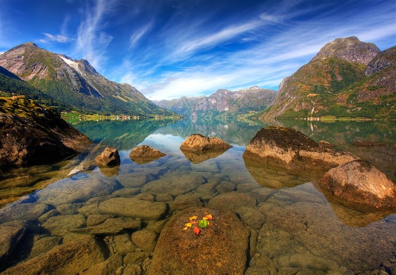 Autumn Leaves on Rocks — Blue