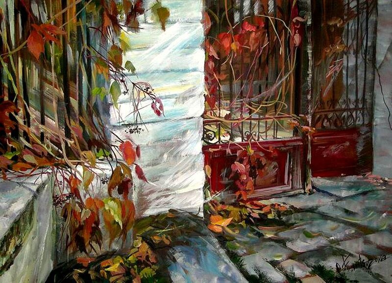 Autumn Leaves on Stone Steps — Red