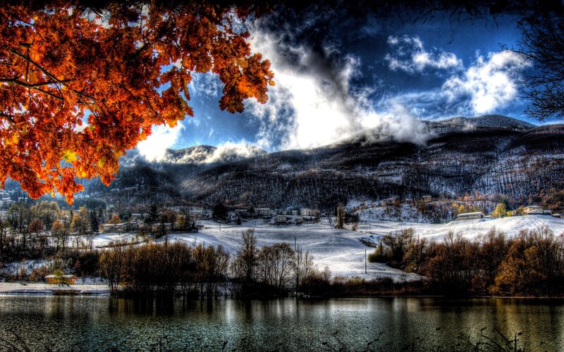Autumn Leaves over Lake — Orange, Dramatic