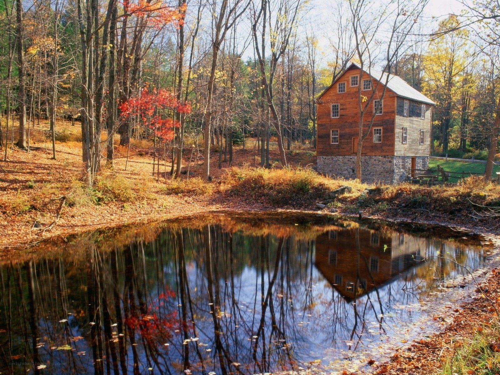 Autumn mill by a pond