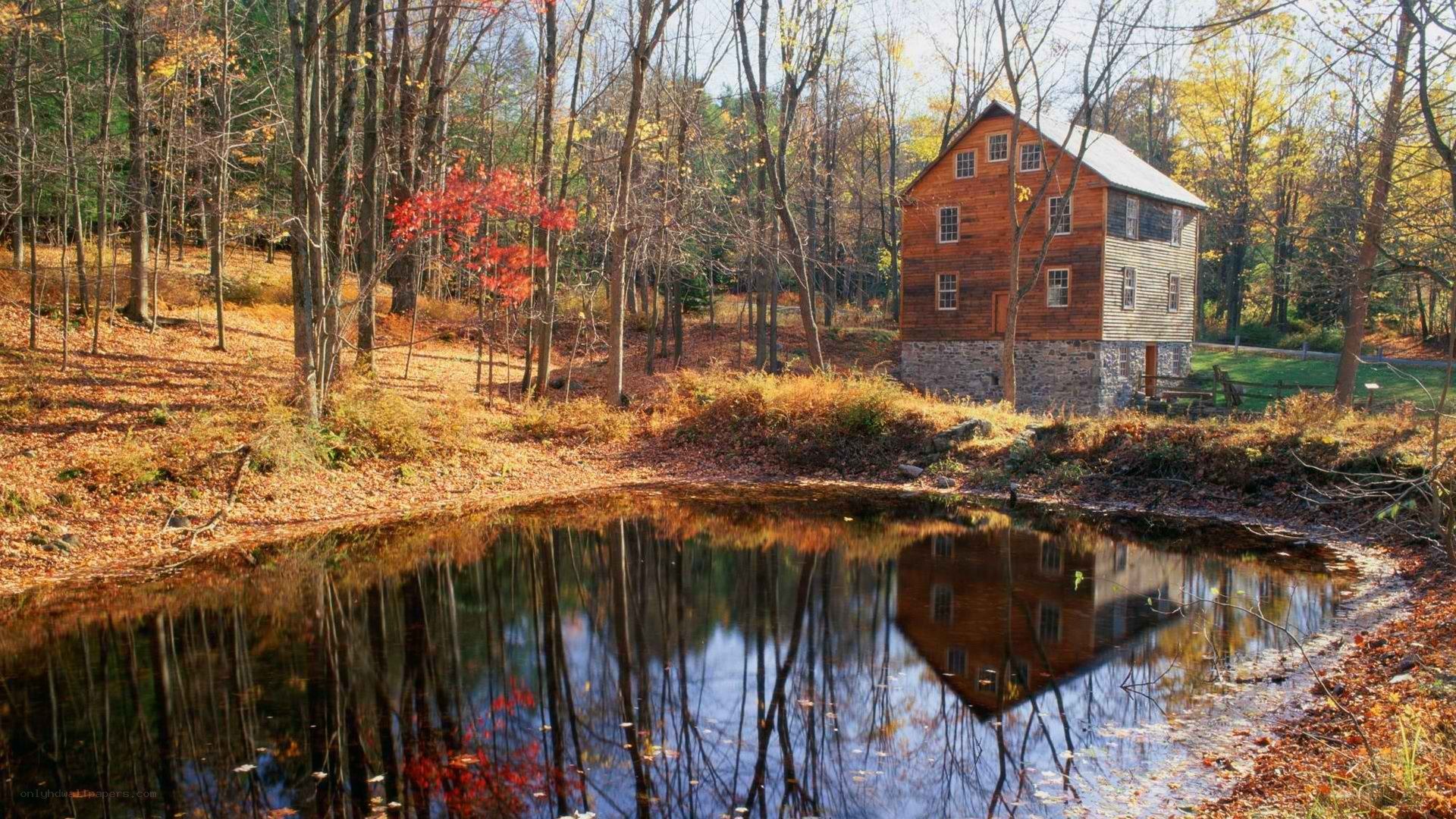 Autumn mill by a pond