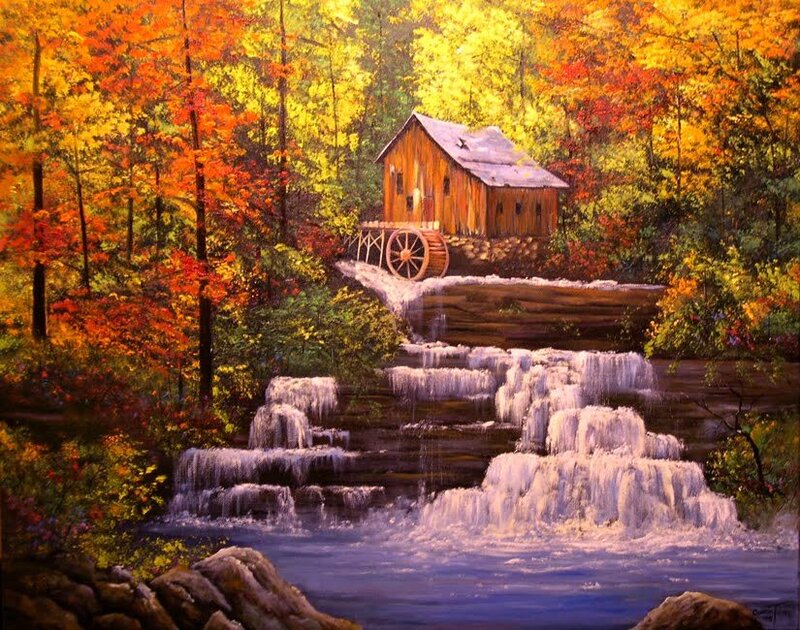 Autumn Mill by a Waterfall