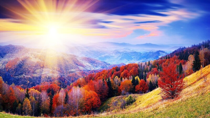 Autumn mountain landscape at sunrise