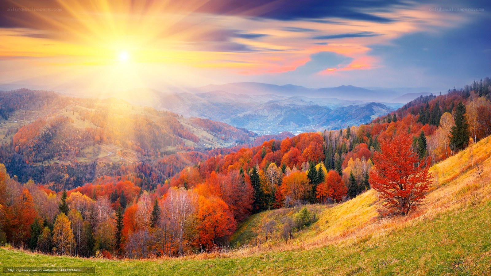 Autumn mountain landscape at sunrise