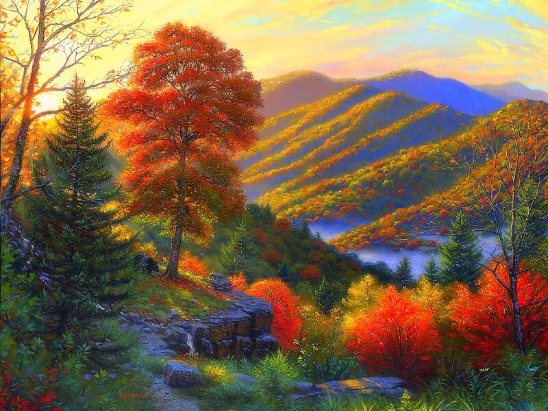 Autumn Mountain Landscape — Red, Serene