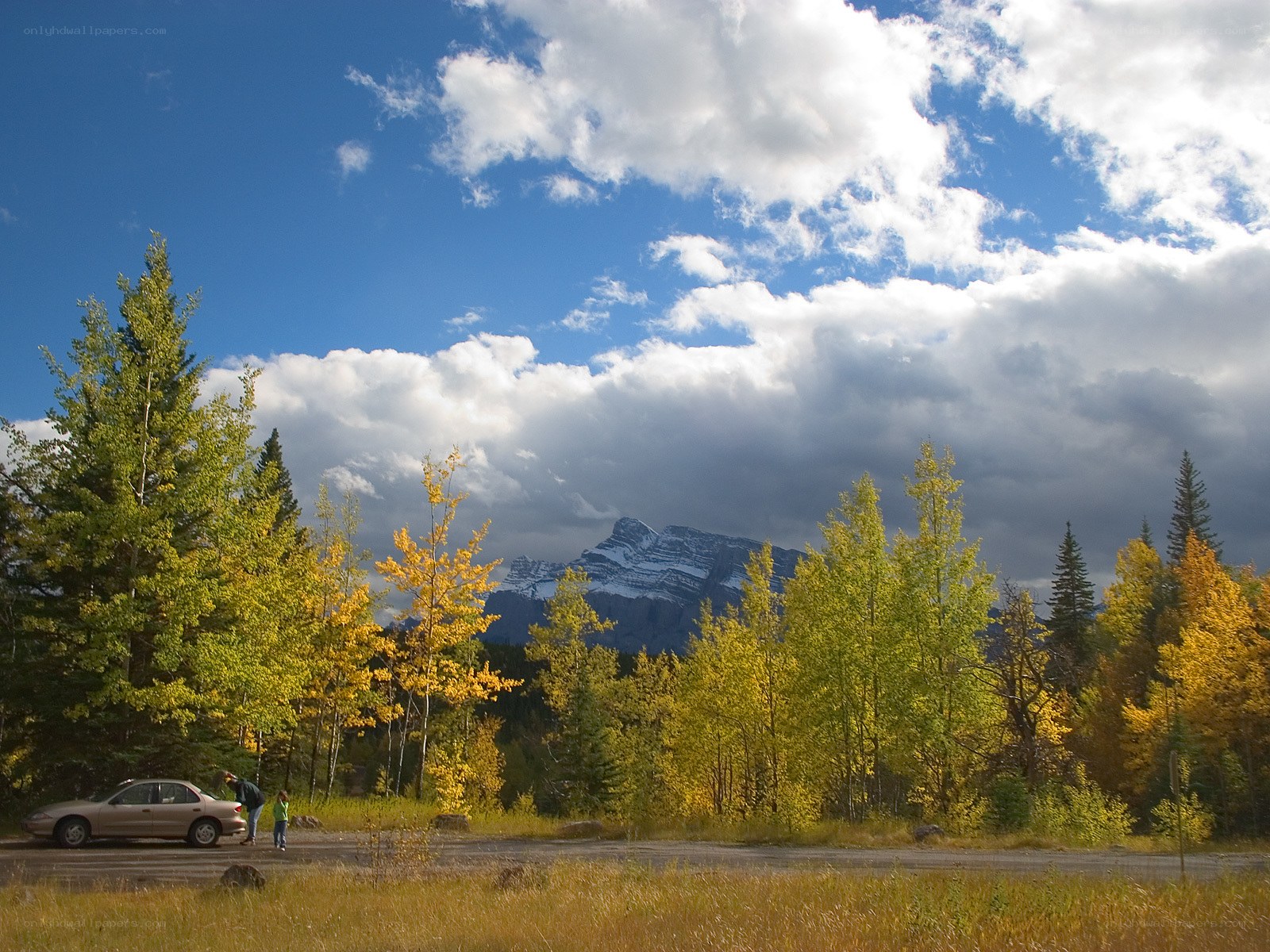Autumn mountain landscape with car