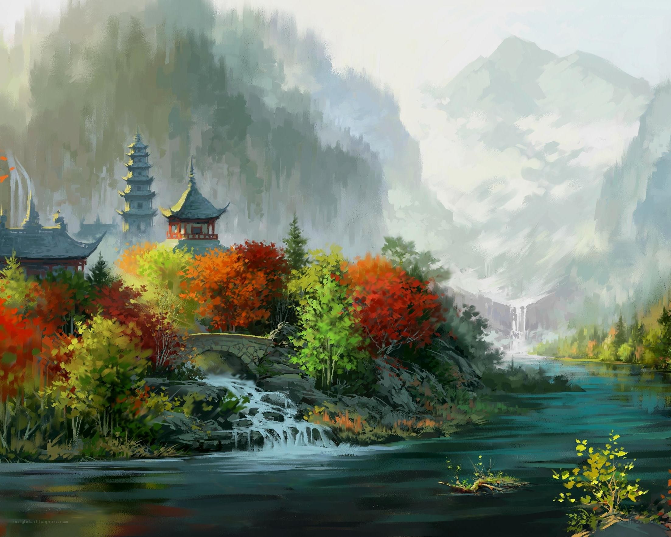 Autumn mountain temple landscape