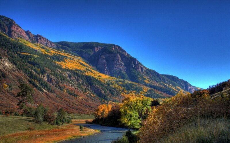 Autumn Mountain Valley — Blue, Serene, Photograph, River, Trees