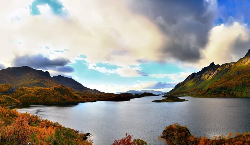 Autumn mountains and lake landscape