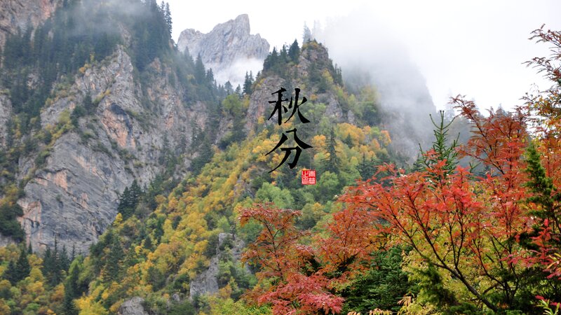 Autumn Mountains with Fog — Red
