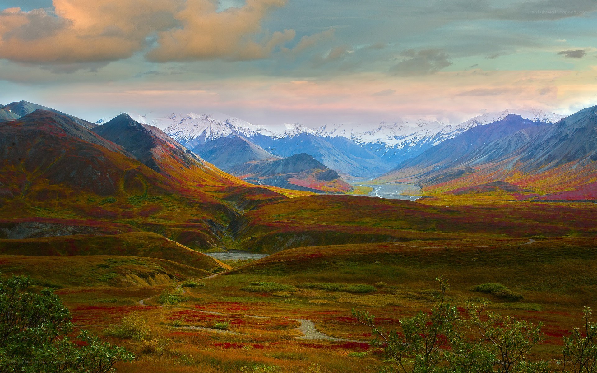 Autumn mountains with snow-capped peaks