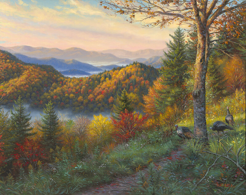 Autumn mountains with turkeys