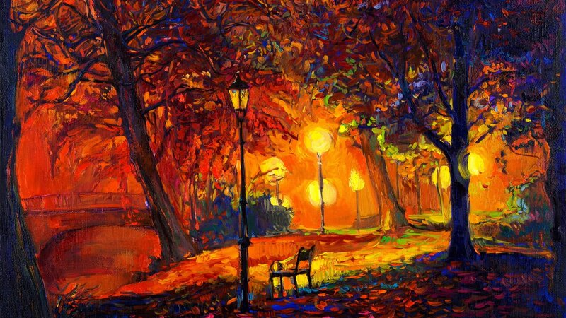 Autumn Park at Night — Orange, Warm, Painting