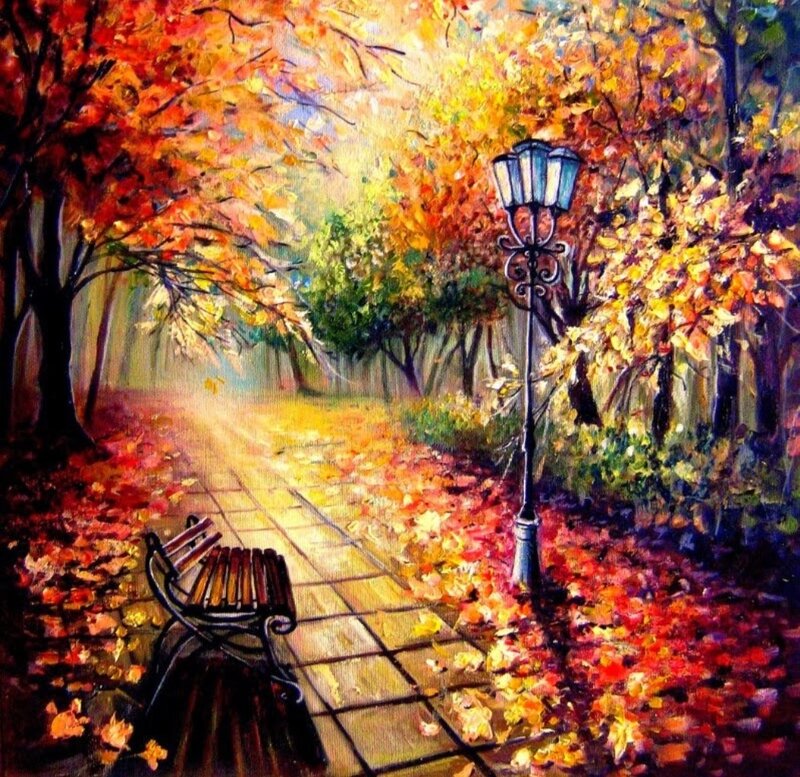 Autumn Park Bench — Orange, Serene, Painting, Lamppost