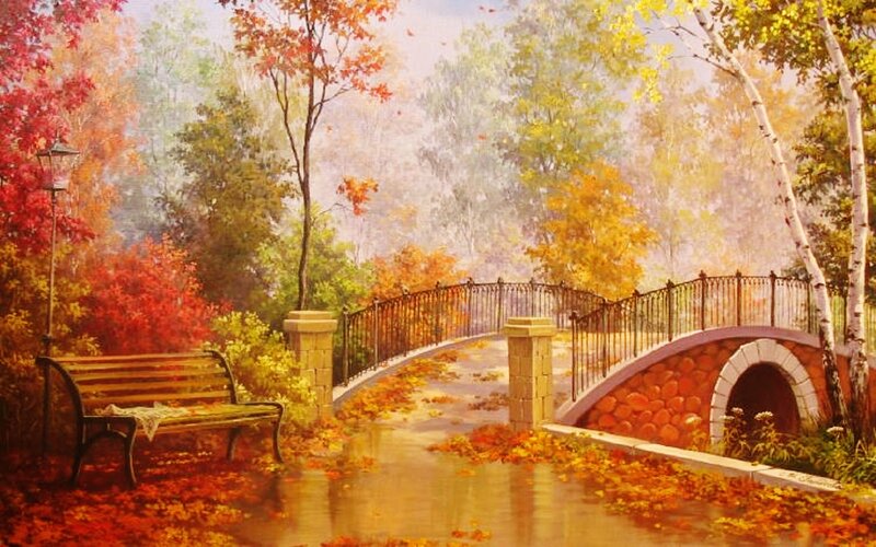 Autumn Park Bench — Orange, Serene, Painting