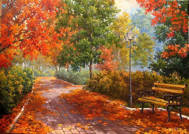 Autumn Park Bench — Orange, Serene