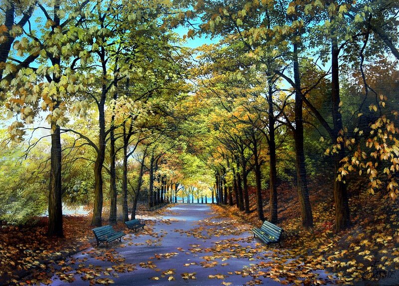 Autumn Park Path — Green, Serene, Painting