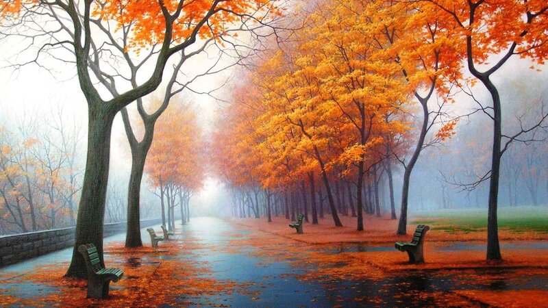 Autumn Park Path — Orange, Serene, Painting