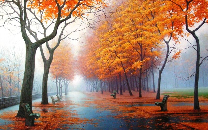 Autumn Park Path — Orange, Serene, Painting, Trees, Benches, Fog