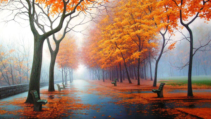 Autumn Park Path — Orange, Serene, Painting, Trees