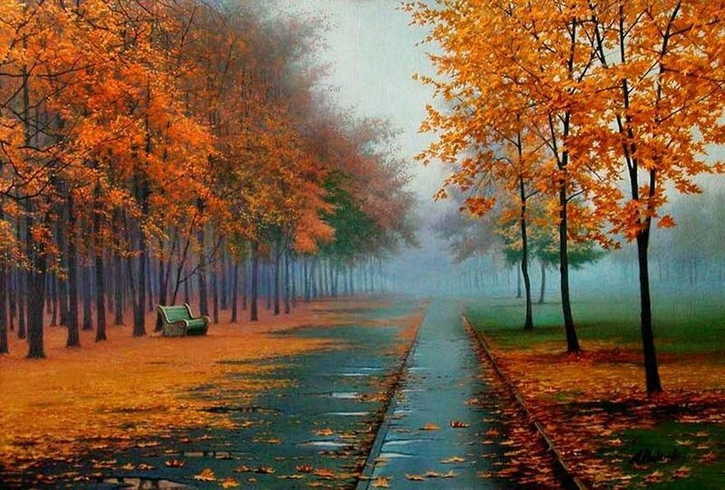 Autumn Park Path — Orange, Serene