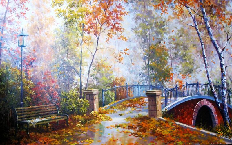 Autumn Park Scene — Orange, Serene, Painting, Bench