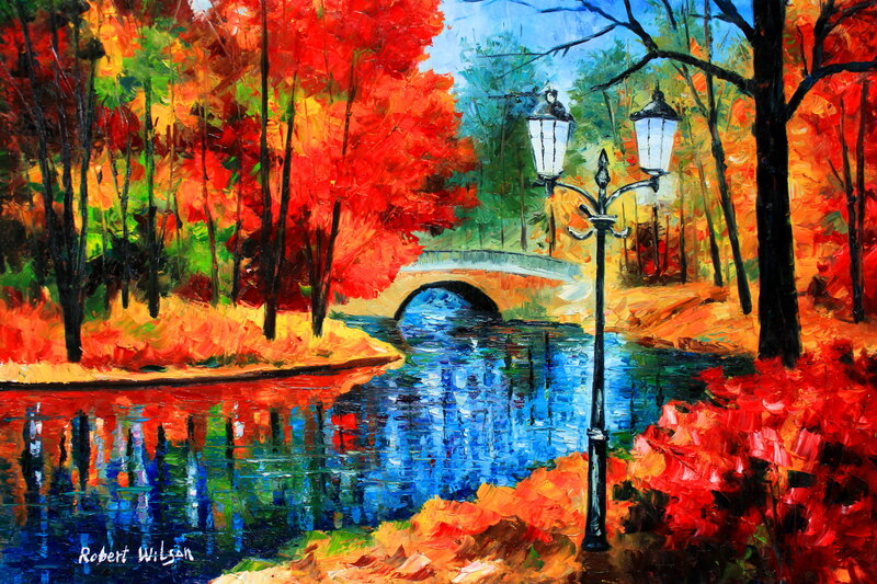 Autumn Park Scene — Red, Serene, Painting