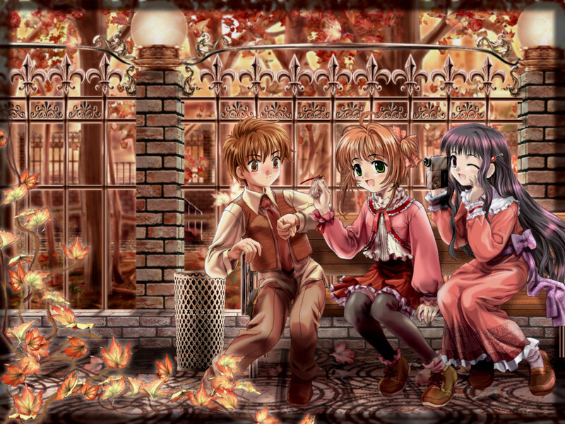 Autumn park scene with three characters