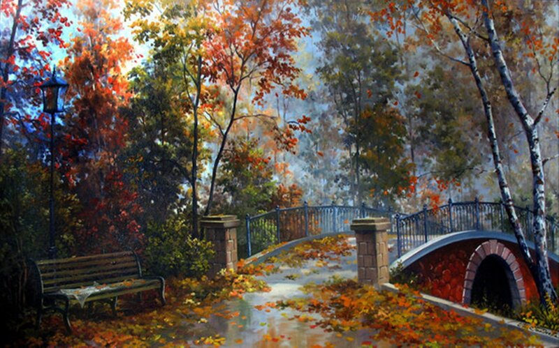 Autumn Park with Bridge — Orange, Serene, Painting