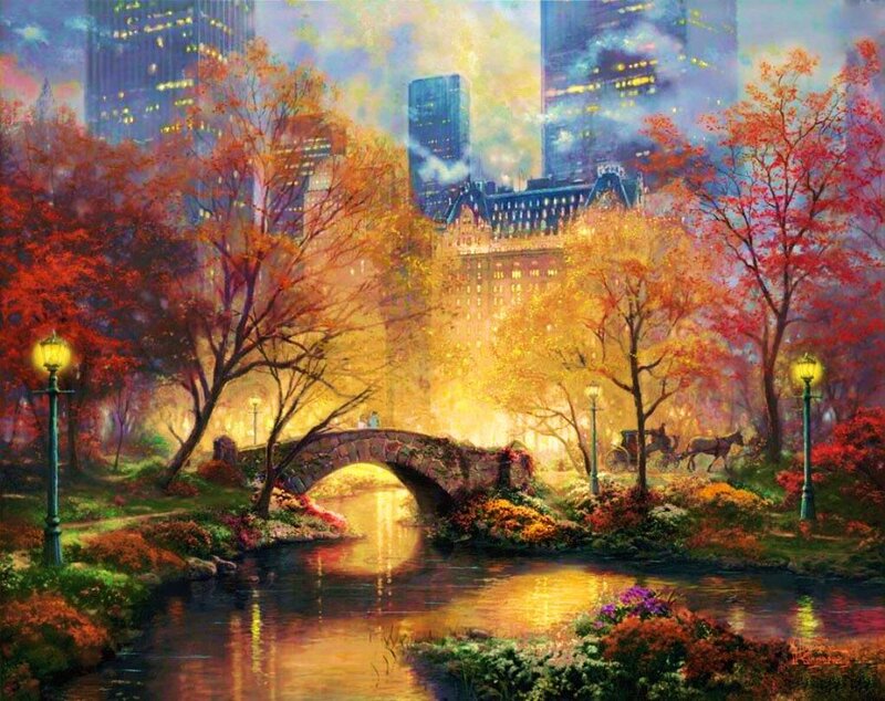 Autumn Park with Bridge — Orange, Serene, Painting, Trees, City Skyline