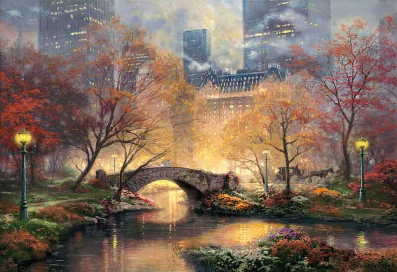 Autumn Park with Bridge — Orange, Serene, Painting, Trees